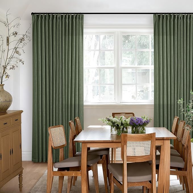 TWODRAPES Loden 120 Inch Long Curtains Extra Long Olive Green Linen Pinch Pleated Curtains 2 Panels for Living Room Bedroom Thick Linen Pleated Hooks Rings Back Tab 120 Inch Drapes for Large Window