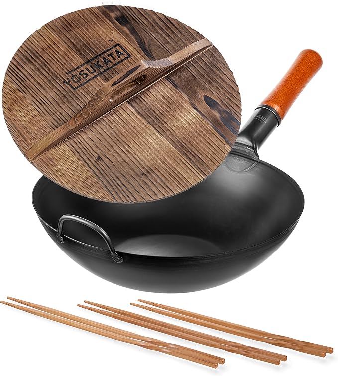 YOSUKATA Carbon Steel Wok Pan 13,5 “ + Premium Wok Cover 13.5 inch Pan Lid + Natural Wooden Long Cooking Chopsticks Set of 3 pairs