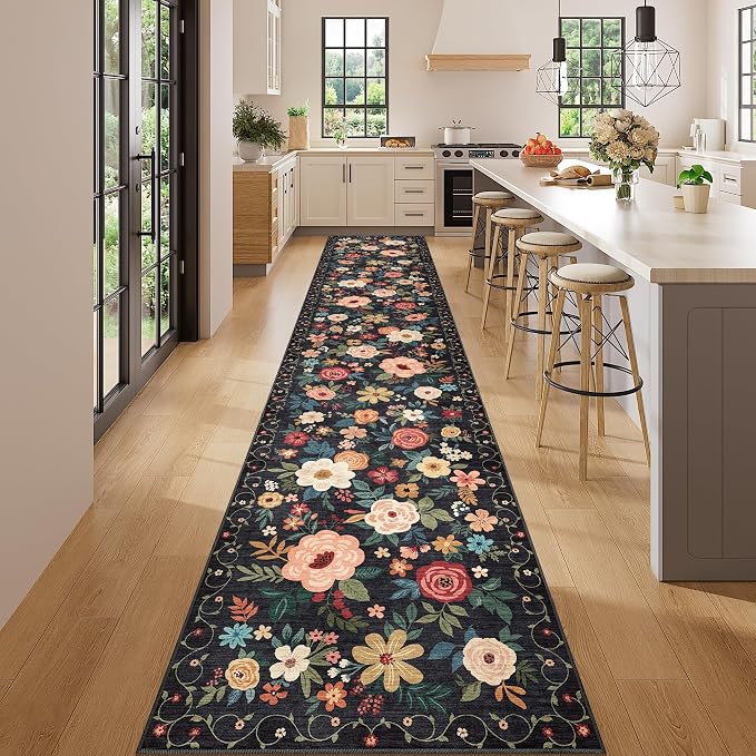 DUKINO 2x14 Runner Rug, Washable Long Kitchen Runner Rug Non Slip, Black | Floral, Low Pile, Soft Indoor Runner Rug for Hallway, Entryway, Bedroom, Bathroom, Laundry, Pet Friendly, Modern Home Decor
