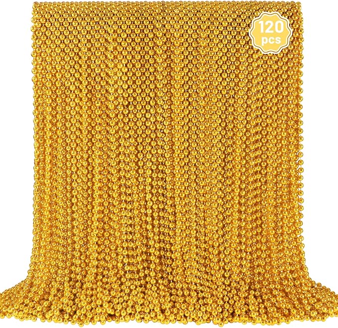 120 PCS Gold Mardi Gras Beads, Gold Bead Necklaces, Christmas Necklace, 33 Inch Round Beaded Necklace for Mardi Gras Party Christmas New Year Eve Festive Events, Party Favors