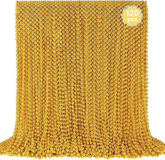 120 PCS Gold Mardi Gras Beads, Gold Bead Necklaces, Christmas Necklace, 33 Inch Round Beaded Necklace for Mardi Gras Party Christmas New Year Eve Festive Events, Party Favors