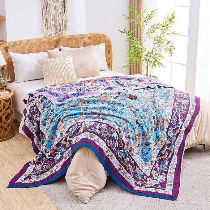 XIBLC Fall Blanket for Bed, 100% Cotton Soft Rustic Boho Throw Blanket Quilt, 90"x98" Farmhouse Decor Bed Flower Blankets, Light Weight Reversible Bohemian Throw Quilt