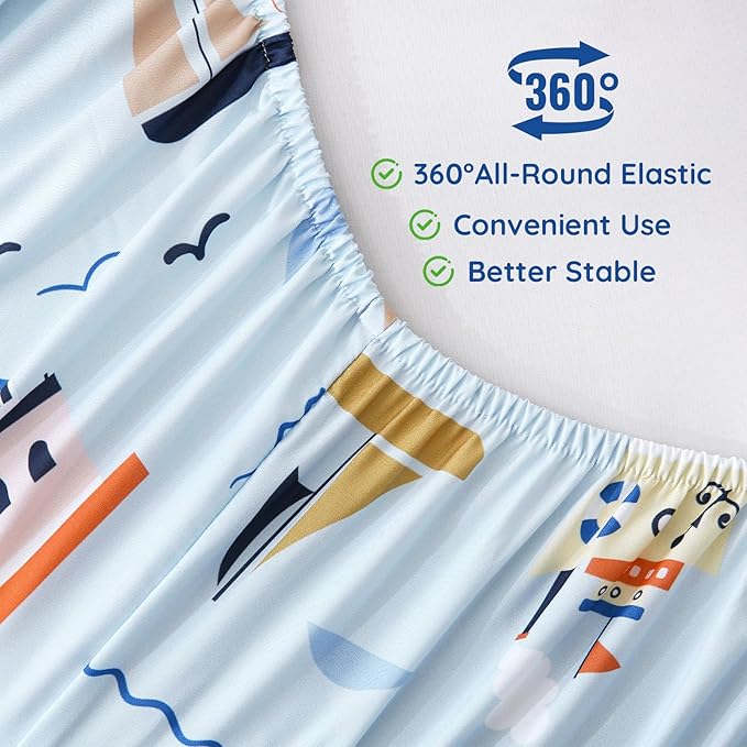 MCO Sailboat Kids Full Size Bed Sheets, Soft Microfiber Full Size Sheets for Boy Girls, 4 Pieces Breathable Full Bed Sheet Lighthouse