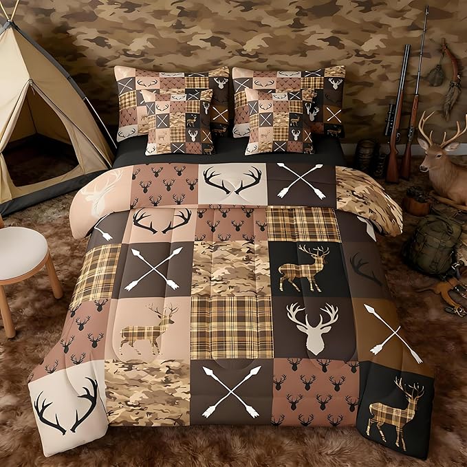 Feelyou Hunting Camo Deer Comforter Set with Sheets 7 Piece Queen Size Rustic Western Farmhouse Bedding Set for Kids Boys Girls Wildlife Animal Bed in a Bag Camouflage Hunter Room Decor Soft