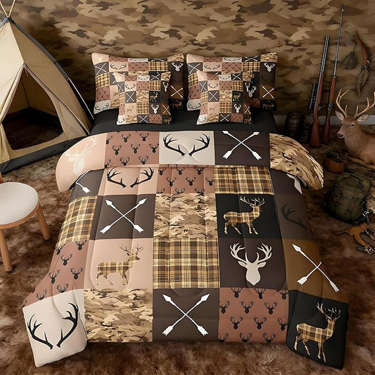 Feelyou Hunting Camo Deer Comforter Set with Sheets 7 Piece Queen Size Rustic Western Farmhouse Bedding Set for Kids Boys Girls Wildlife Animal Bed in a Bag Camouflage Hunter Room Decor Soft