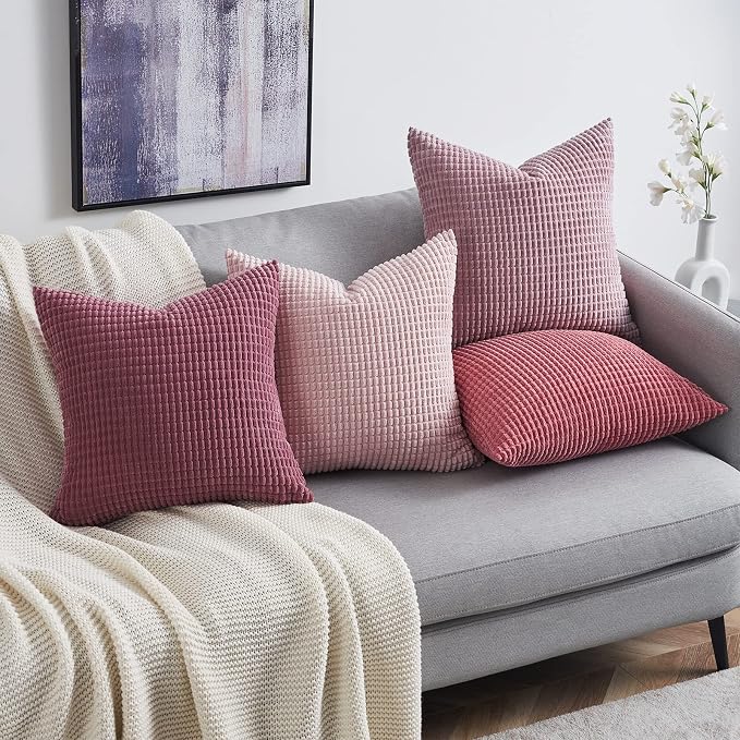 Topfinel 4 Packs Pink Decorative Throw Pillow Covers 24x24 Inch for Living Room Couch Bed Sofa, Boho Western Farmhouse Home Decor, Square Soft Moss Corduroy Fall Cushion Case 60x60 cm