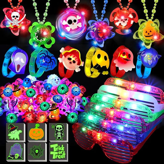 88 Pcs Halloween Party Favors, Halloween Toys Gifts for Kids, LED Rotating Necklaces Light Up Glasses Bracelets Led Rings Glow In The Dark Temporary Tattoos for Halloween Party Decorations Supplies