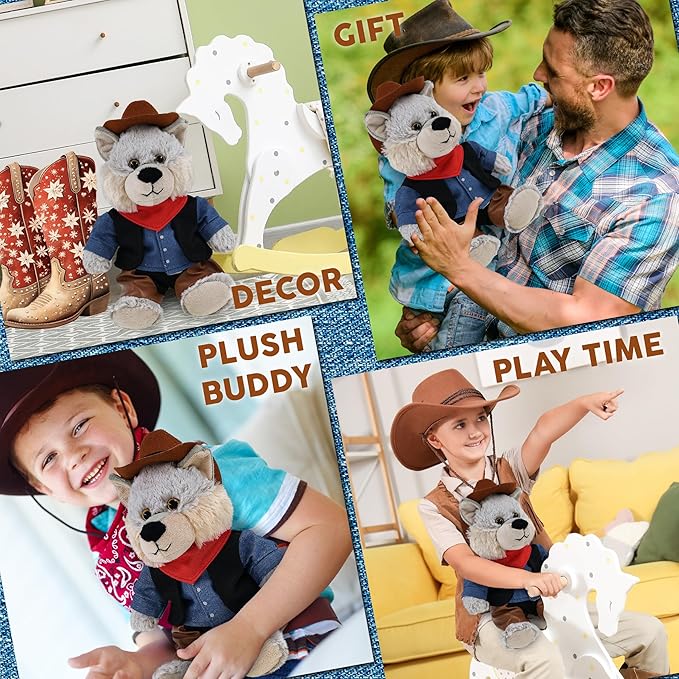 DolliBu Sitting Wolf Stuffed Animal Cowboy Plush with Name Personalization - Western-Themed Wolf Plush with Cute Cowboy Costume Denim Shirt Vest, Bandana, Leather Pants, and Hat - 9 Inches