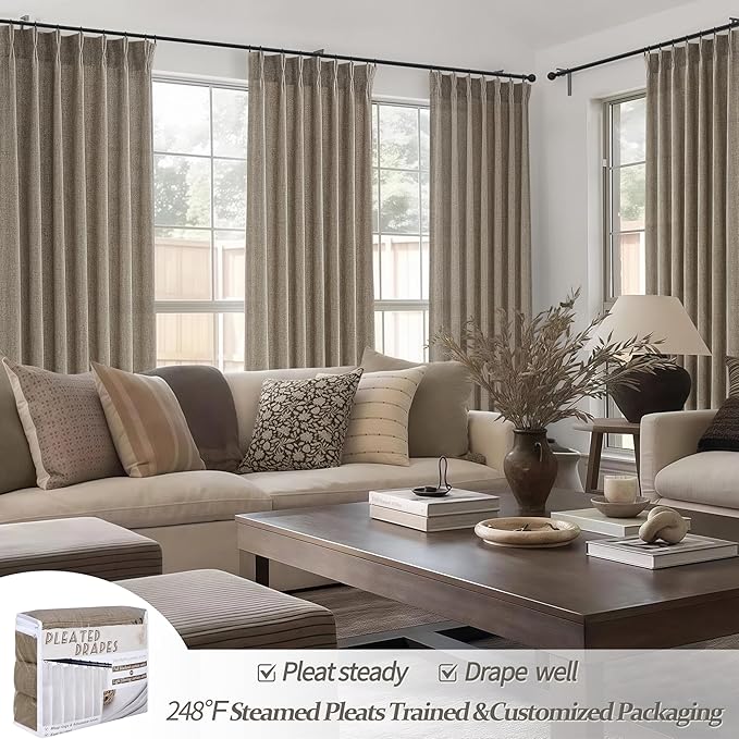 Dark Flax 70 Inch Extra Wide Curtains 90 Inches Long for Dining Room 2 Panels Set, Memory Trained Pinch Pleated Linen Blend Semi Sheer Light Filtering Elegant Windows Curtain for Kids Room/Nursery
