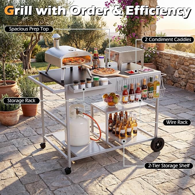HAPPYGRILL Outdoor Grill Cart with Lockable Wheels & Garbage Bag Holder | Movable BBQ Pizza Oven Stand with Removable Hooks, Portable Cooking Prep Table for BBQ Party