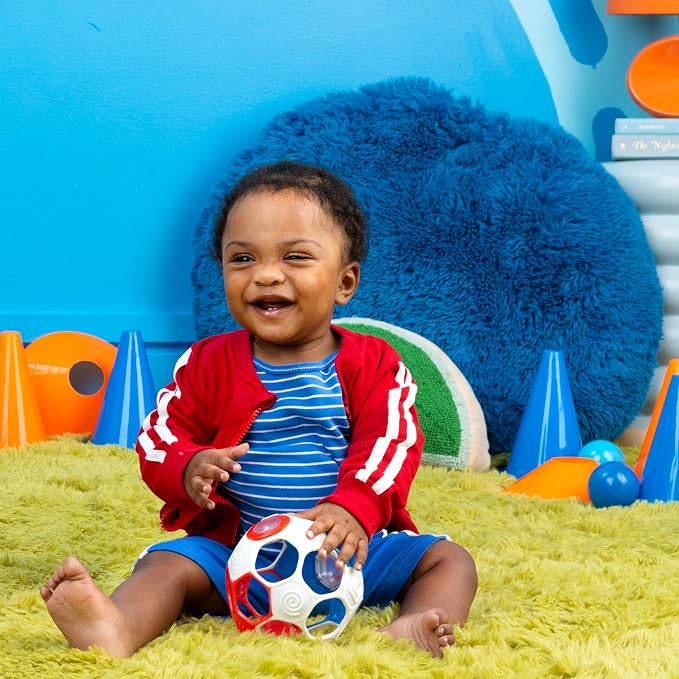 Bright Starts Oball Grippin' Goals Rattle Soccer Ball - Red, White & Blue, Easy-Grasp Toy for Newborn and Up (Pack of 2)