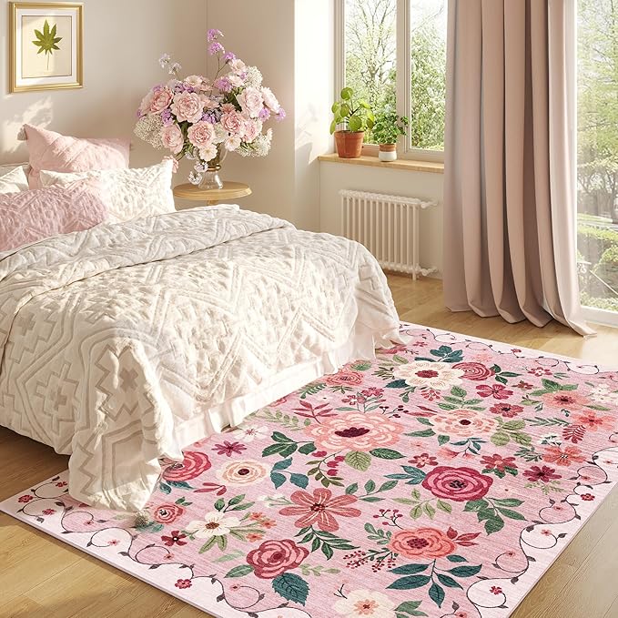 DUKINO 4x6 Area Rug, Floral Washable Rug Non Slip Office Chair Mat, Pink | Low Pile, Stain Resistant, Soft Indoor Rug for Bedroom, Living Room, Dining Room, Kids Room, Pet Friendly, Modern Home Decor