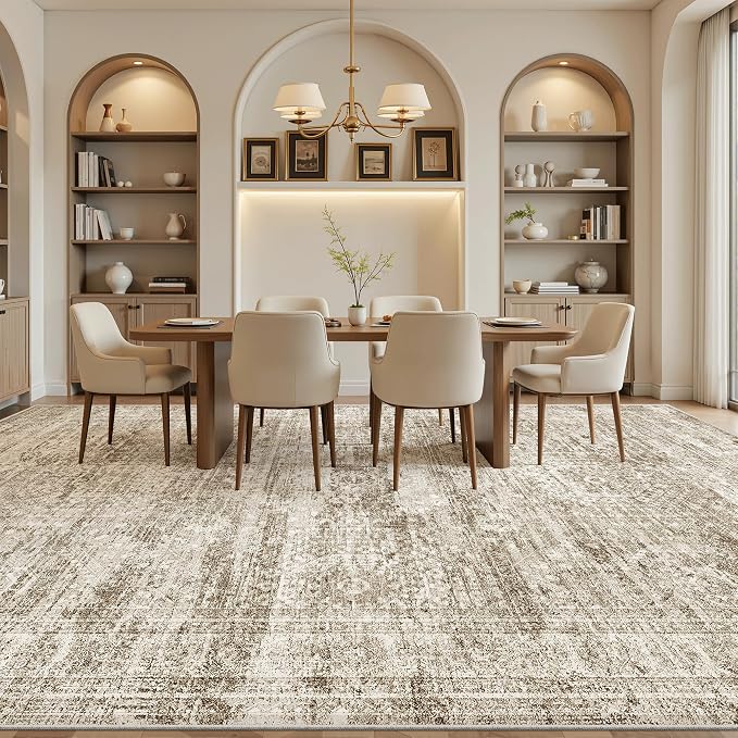 Soalmost 10x14 Area Rugs for Living Room Washable Rug Non-Slip Brown | Large Vintage Stain Resistant Carpet for Dining Bedroom, Low Pile Lightweight Foldable Floor Mat Nursery Home Office Decor