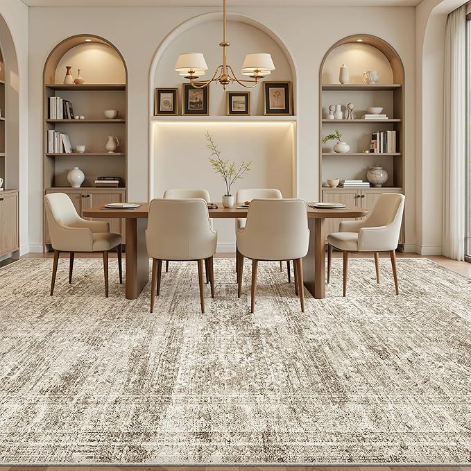 Soalmost 12x15 Washable Area Rugs Soft Living Room Rug Abstract Brown | Large Vintage Carpet Non-Slip for Dining Bedroom, Low Pile Thin Stain Resistant Foldable Indoor Floor Mat Home Office Decor
