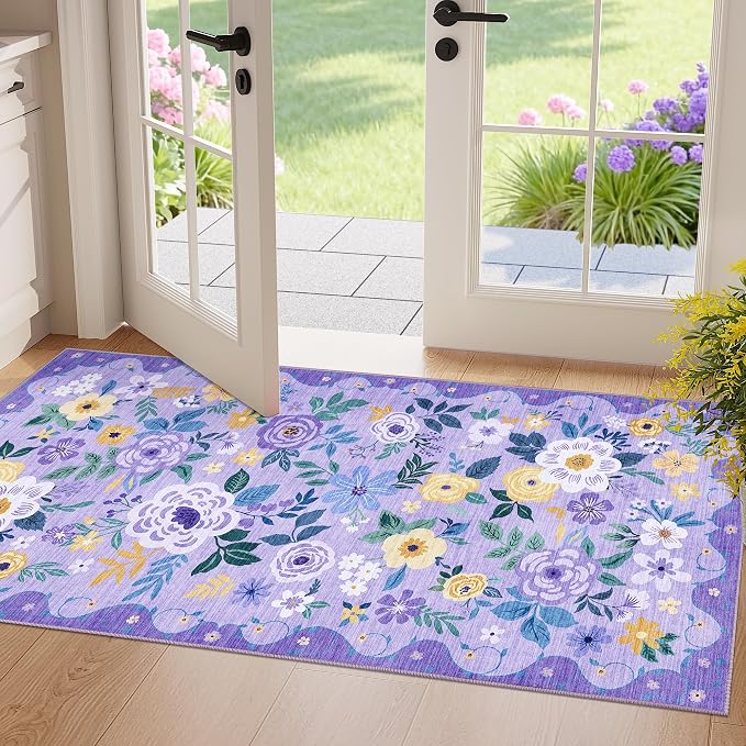DUKINO 2x4 Entryway Rug, Floral Washable Kitchen Rugs Non Slip, Purple | Low Pile, Soft Indoor Runner Rug for Hallway, Bedroom, Bathroom, Laundry, Pet Friendly, Modern Home Decor, Stain Resistant