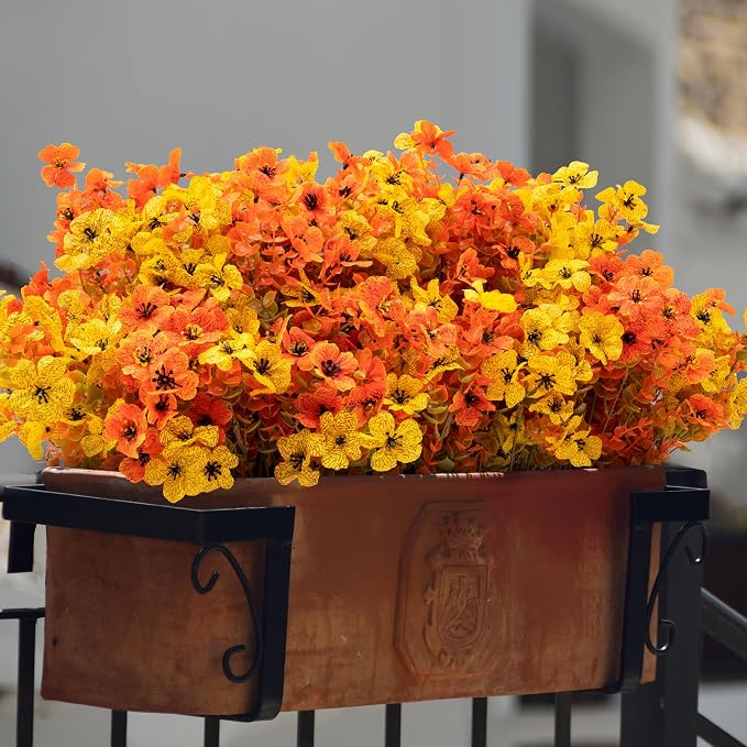 ColoPlay 16 Bundles Artificial Mums for Outdoors, Fake Flowers Fall Decor | Faux Mums for Outdoor Planters, Eucalyptus Leaves UV Resistant Fake Plants for Home Porch Box Wedding Farmhouse(Fall Orange)