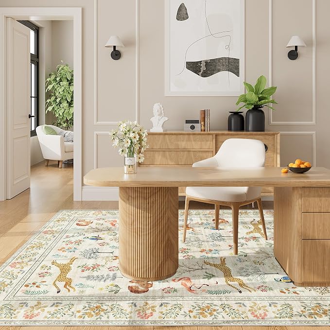 DUKINO 4x6 Area Rug, Non Slip Animal Washable Rug for Living Room, Beige | Soft, Low Pile, Stain Resistant Indoor Carpet for Bedroom, Dining Room, Nursery, Farmhouse, Pet Friendly, Non-Shedding