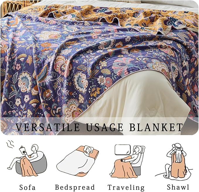 Boho Throw Blanket Farmhouse Decor Throw Blanket Bohemian Blanket for Bed 100% Cotton Muslin Woven Couch Blanket All Seasons Quilt Bedroom (H-Purple, 90"x98")