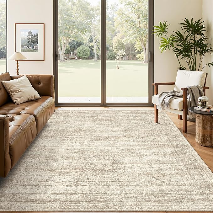 Soalmost 5x7 Area Rugs Beige Low Pile Washable Trendy Faded Style Rug | Vintage Non-Slip Indoor Accent for Bedroom Dining, Foldable Stain Resistant Floor Carpet Mat Under Table Home Office Decor