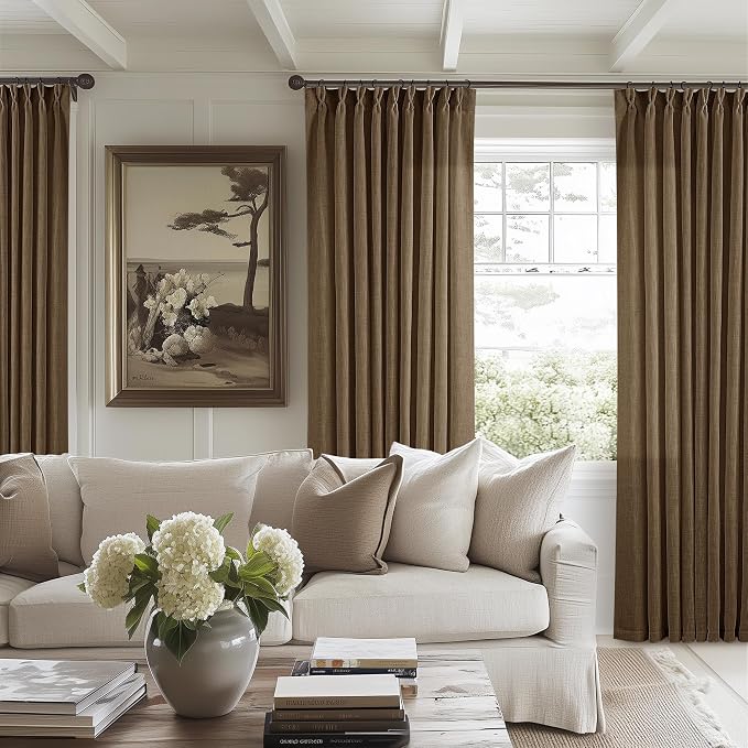 Dutch Cocoa Pinch Pleat Linen Curtains 96 Inches Long 60 Inch Wide 1 Panel | Light Filtering Semi Sheer Privacy, Room Divider, Pinch Pleat Curtains for Sliding Door Dining Bedroom Large Window, W60xL96