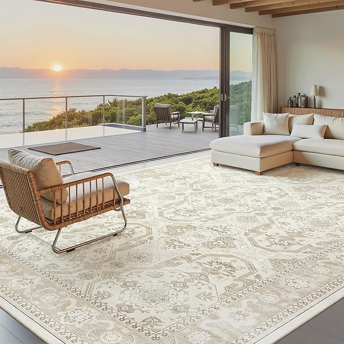 Soalmost 8x10 Area Rugs Large Washable Living Room Rug Non-Slip Beige/Brown | Soft Farmhouse Vintage Carpet for Dining Bedroom, Stain Resistant Low Pile Foldable Thin Floor Mat Under Table Home Decor