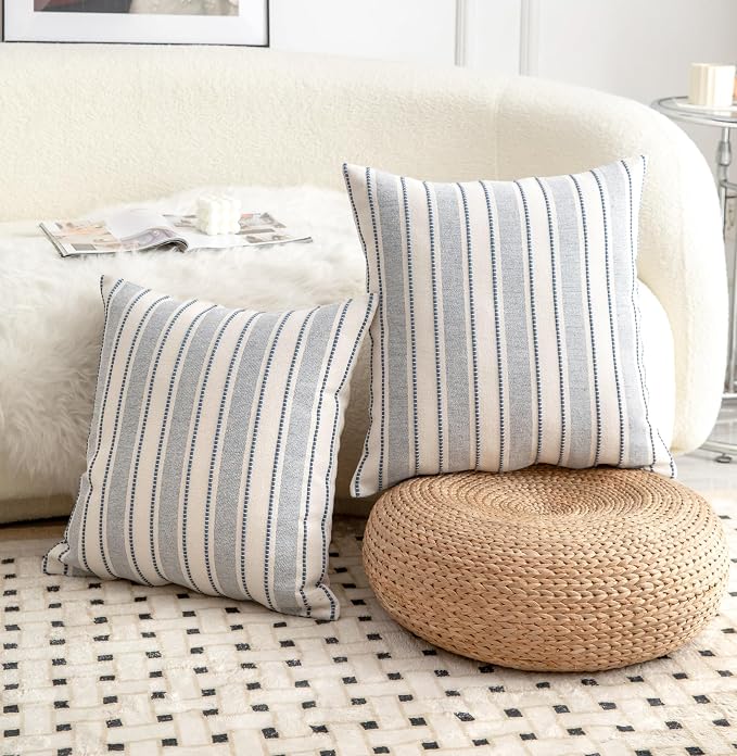 Cethom Decorative Boho Throw Pillow Covers, Farmhouse Textured Pillow Case, 18 x 18 Inch Set of 2, Chair Sofa Bedroom Living Room Home Decor Couch Cushion Case, Classic Blue and Beige Striped
