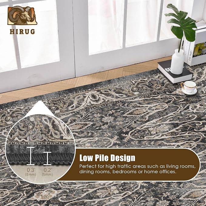 Washable Area Rug 9' x 12' Vintage Traditional Persian Mat - Foldable Distressed Non-Slip Machine Washable Carpet for Living Room Bedroom Kitchen Home Decor - Ebony and Taupe