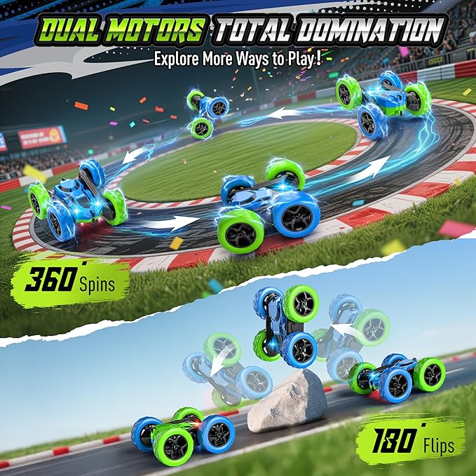 Upgraded RC Car for Kids, 360° Rotating Double Sided Stunt Vehicle with Headlights, 2.4GHz 4WD Remote Control Car, USB-C Rechargeable Electric Toy for Boys & Girls (Blue-Green)