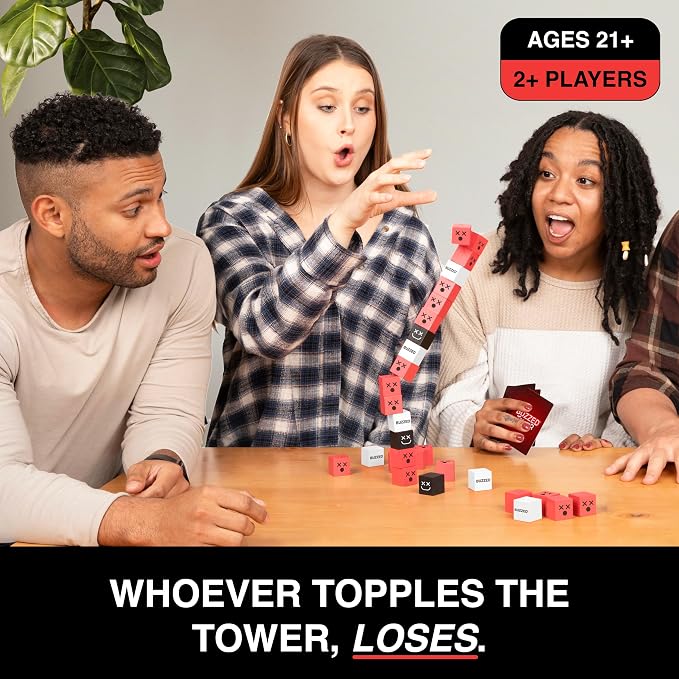 WHAT DO YOU MEME? Buzzed Tower: The Stack-and-Sip Drinking Card Game for Adults – Includes 30 Blocks, 80 Cards, and Big Laughs for Parties, Game Night, and Epic Bachelor Party Celebrations