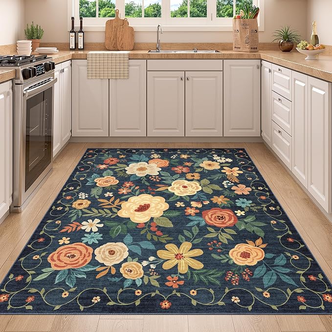 DUKINO 4x5 Area Rug for Entryway, Floral Washable Rug Non Slip, Navy Blue | Low Pile, Lightweight, Soft Indoor Carpet for Bedroom, Kitchen, Living Room, Nursery, Pet Friendly, Non-Shedding, Home Decor