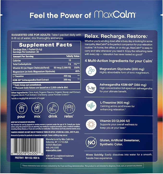 Relaxing Drink Mix | Raspberry-Lemonade Flavor | Magnesium & KSM-66 Ashwagandha Supplement | Supports Relaxation | 30 Single-Serve Packets