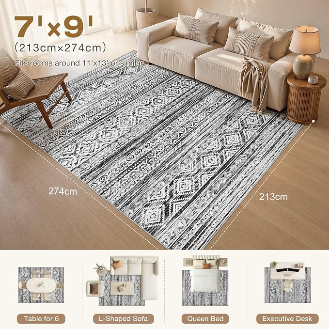 cotiled 7x9 Area Rugs Living Room Rug: Washable Boho Rugs with Non Slip Backing Large Soft Indoor Stain Resistant Carpet for Bedroom Farmhouse Dining Room Lightweight Home Decor White/Black
