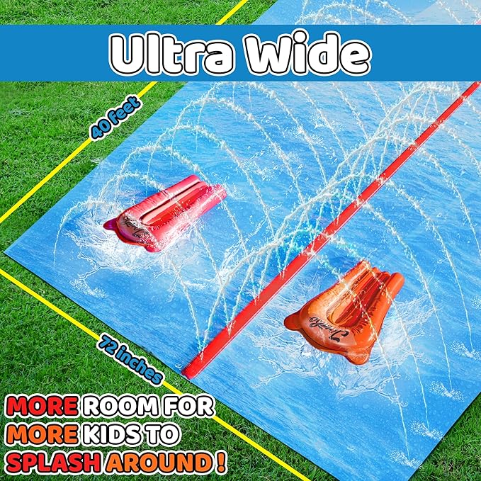 JAMBO 40FT Mega Slip Splash and Slide with 2 Bodyboards | Water Slide Waterslide Backyard Outdoor Water Toys for Kids with Sprinklers | Outdoor Splash Mat Splash Pad, Double Lane Summer Toy
