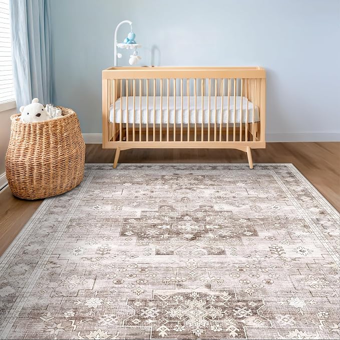 Hazo Haus Washable Neutral Farmhouse Living Room Rug, 5x7 Area Rugs for Bedroom, Nursery Room, Boho Vintage Floral Non-Slip Rug Low Pile Stain Resistant (5x7 Beige/Latte)