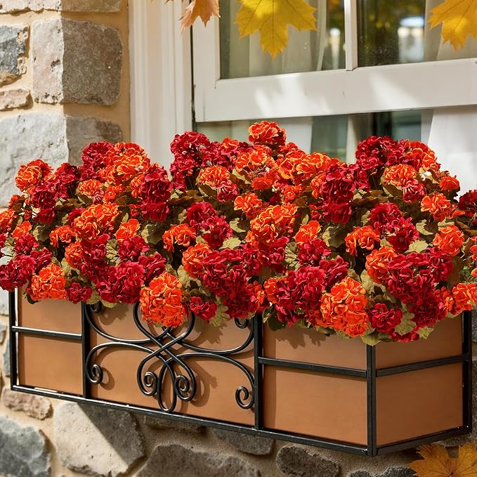 Fake Geraniums Artificial Flowers for Outdoors Fall Autumn Decoration, 6 Bundles Silk Geraniums Look Real Faux Fall Flowers Plants for Front Door Garden Planter Patio Balcony Yard Home Indoor, Mix