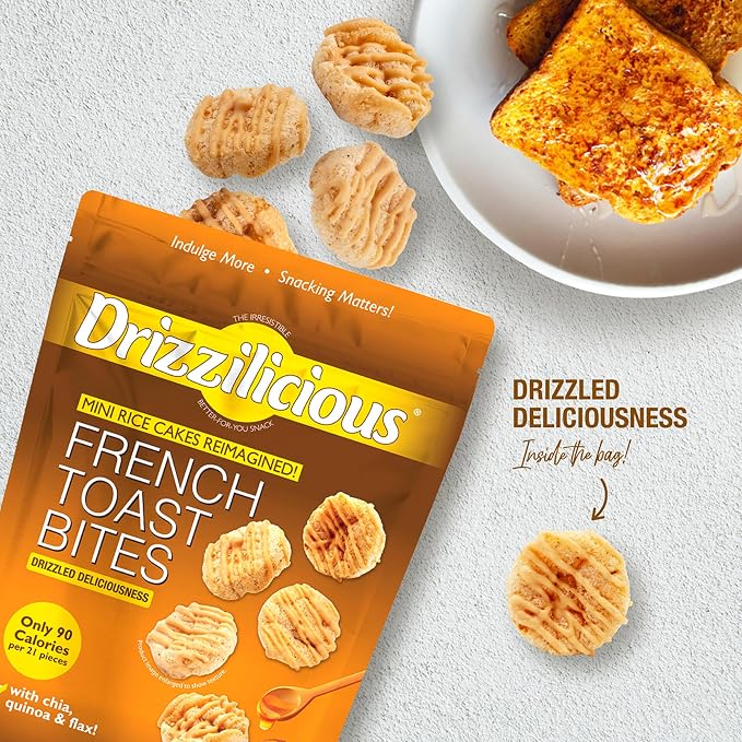 Drizzilicious Mini Flavored Rice Cakes French Toast - Rice Crisps, Healthy Snack for Adults and Kids, Vegan, Gluten Free Snack, Allergen Free, Only 90 Calories Per 21 Pieces - 4 oz (Pack of 1)