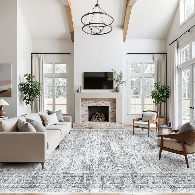 Soalmost 12x15 Washable Area Rugs Soft Living Room Rug Abstract Grey | Large Vintage Carpet Non-Slip for Dining Bedroom, Low Pile Thin Stain Resistant Foldable Indoor Floor Mat Home Office Decor