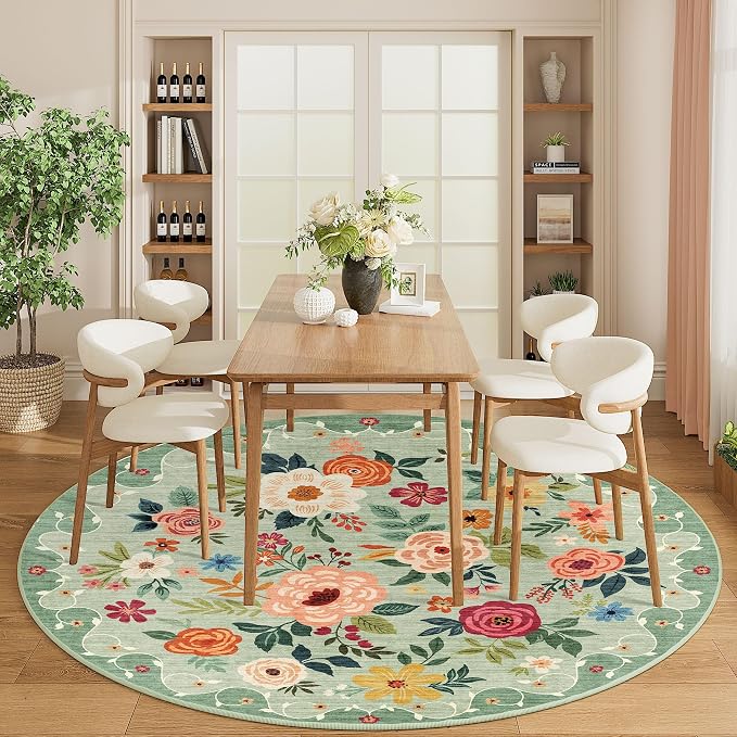 DUKINO 6ft Round Rug, Soft Washable Circle Rug for Bedroom Non Slip, Green | Low Pile, Stain Resistant Indoor Rug for Living Room, Dining Room, Kids Room, Office, Pet Friendly, Home Decor, Non-Shedding