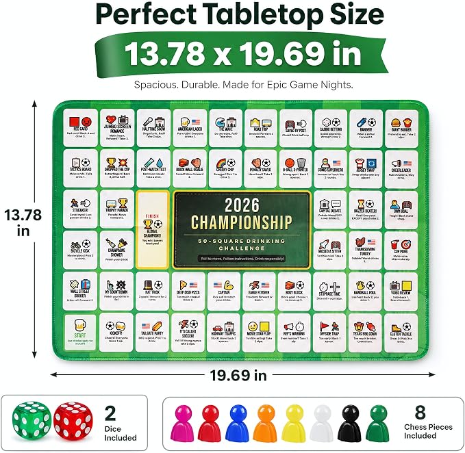 Soccer Drinking Board Game Mat - 13.78 x 19.69 Inch Rubber Waterproof Mat, 50 Party Theme Games for 2-8 Players, Anti-Slip Game Mat with Storage Bag, Chess Pieces Dice Included