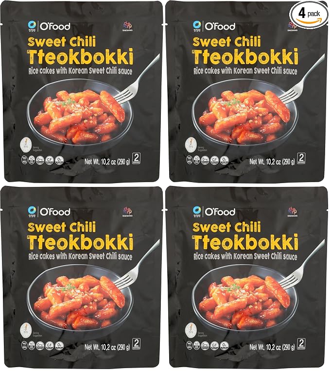 O'Food, Tteokbokki Rice Cakes with Sauce Sweet Chili, 10.2 Ounce (Pack of 4)