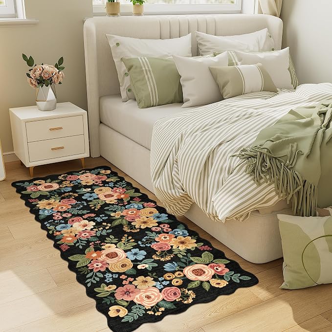 DUKINO 2x5 Washable Runner Rug, Floral Non Slip Rug for Kitchen, Black | Soft, Low Pile, Non-Shedding Throw Rug Runner for Hallway, Entryway, Bedroom, Bathroom, Pet Friendly, Home Decor, Lightweight