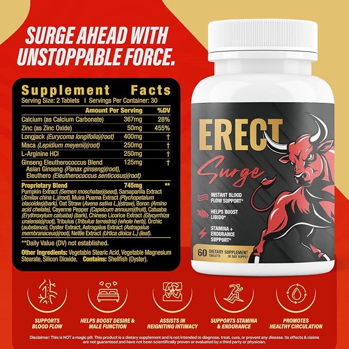 Erect SURGE™ - Supports Male Blood Flow for Performance, lntimacy, Hardness | Helps Boost Desire, Stamina & Size | 20 Ingredients for Men to Restore Confidence | 3rd Party Tested - 60 Pills