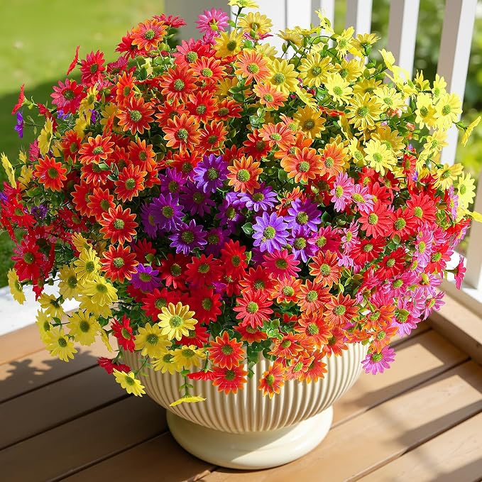 Alupssuc 40 Bundles Artificial Daisies Flowers Fake Silk Plant for Indoor Outdoor Decor, UV Resistant No Fade Faux Spring Flowers for Garden, Porch & Patio Decoration,RedRosyPurpleYellowOrange
