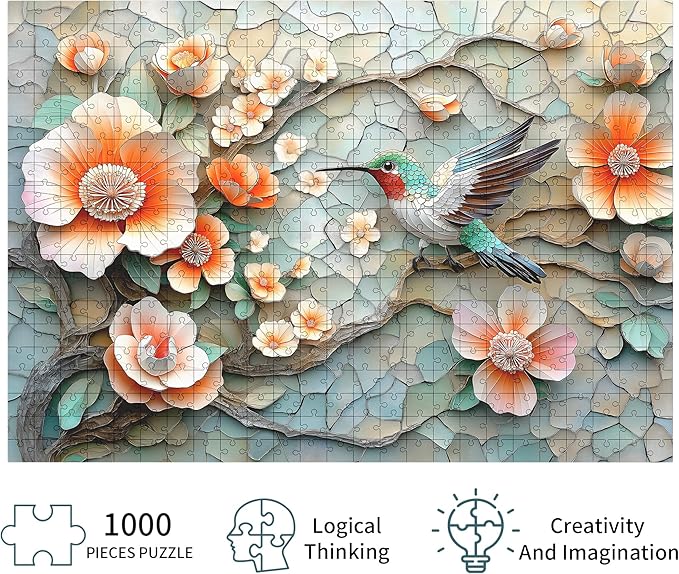 Puzzles for Adults 1000 Pieces, Flower Mosaic Jigsaw Puzzles - Hummingbird in Blossom, Piece Relax Puzzles for Family