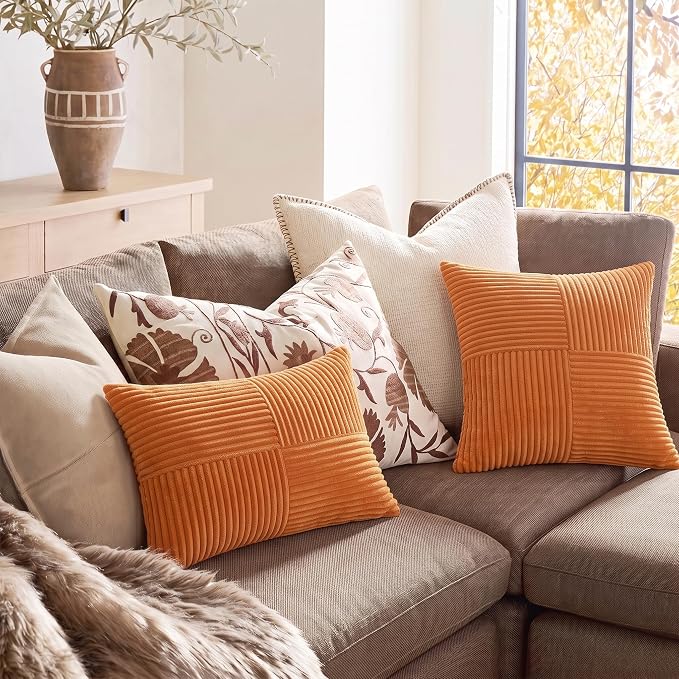 Fancy Homi 2 Packs Orange Euro Decorative Throw Pillow Covers 26x26 Inch for Living Room Couch Bed, Farmhouse Boho Home Decor, Soft Corss Corduroy Patchwork Textured Square Cushion Case 66x66 cm