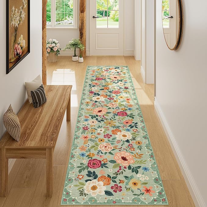 DUKINO 2x8 Runner Rug, Washable Runner Rug for Kitchen Non Slip, Green | Low Pile, Floral, Soft Indoor Rug for Hallway, Entryway, Bedroom, Bathroom, Pet Friendly, Stain Resistant, Modern Home Decor