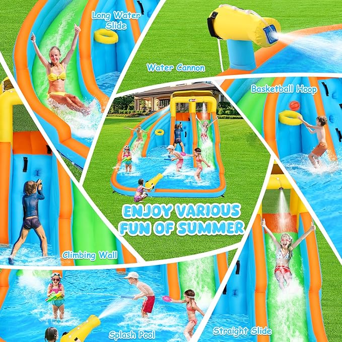 11x10.2 FT Inflatable Dual Water Slide w/Catch Ball Set, 11-in-1 Blow Up Waterpark w/2 Long Slides, Splash Pool, Climbing Wall, Basketball Rim, Water Cannon - 5 Water Toys & Inflatable Ball & Blower