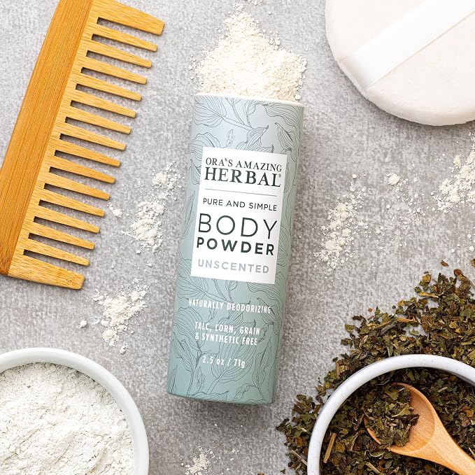 Ora's Amazing Herbal Fragrance Free Body Powder for Women and Men, Unscented Talc Free Talcum Powder, Cornstarch Free Dusting, Waxing, Natural Sugaring, Foot Powder, Dry Shampoo, Made in USA, 2.5 oz