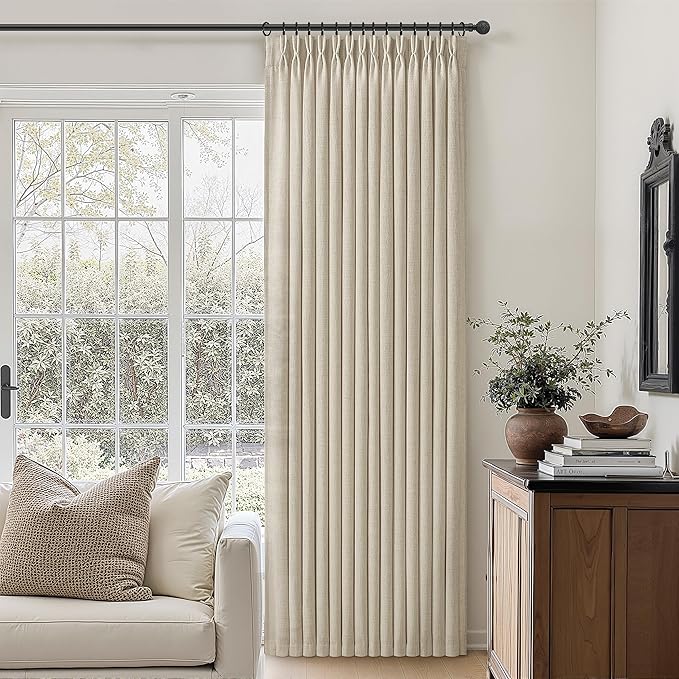 Extra Long 144 Inch Warm Beige Light Filtering Large Curtains for Living Room, Memory Trained Pinch Pleated Thick Linen Privacy Semi Sheer Elegant Windows Curtain & Drapes 12 FT Length 2 Panels Set