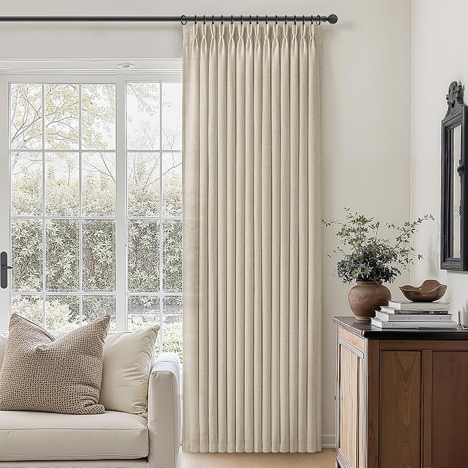 Pinch Pleated Extra Wide 70 Inch High Ceiling Curtains 108 Inches Long 2 Panels Set for Sliding Door, Memory Trained Light Filtering Linen Blend Sheer Decorative Windows Drapes Light Brown 9FT Length